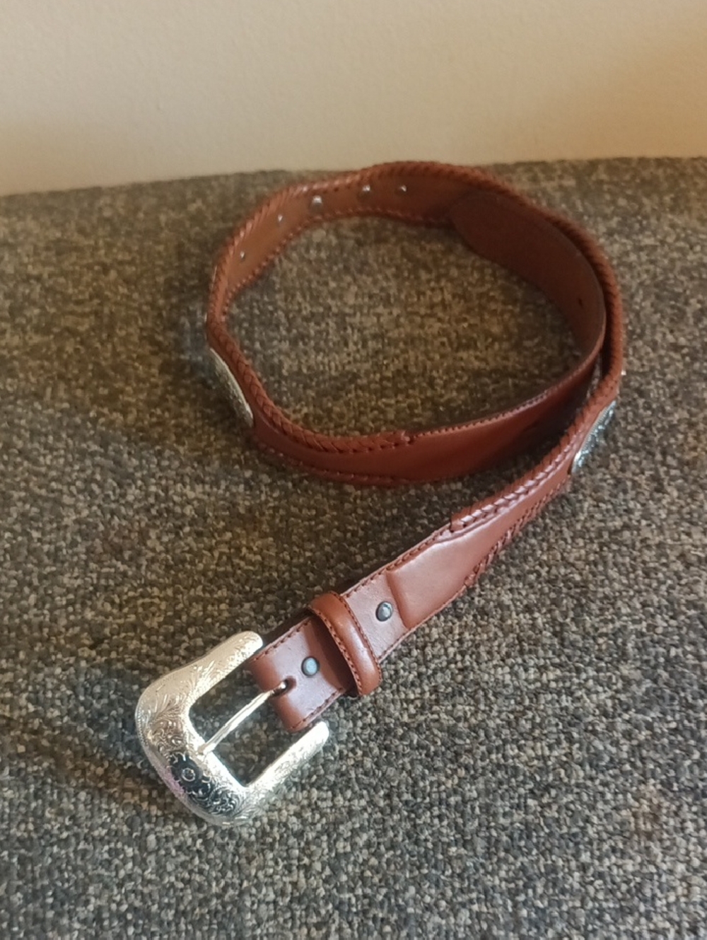 Brown Leather Women's Belt with Decorative Silver Buckle Size 34